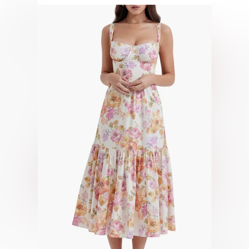 House of CB Cream Floral Maxi Dress with Pink and Yellow Roses